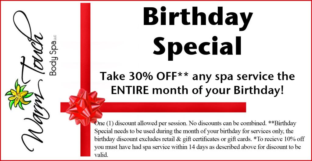 Take 30% off any spa service during the month of your birthday