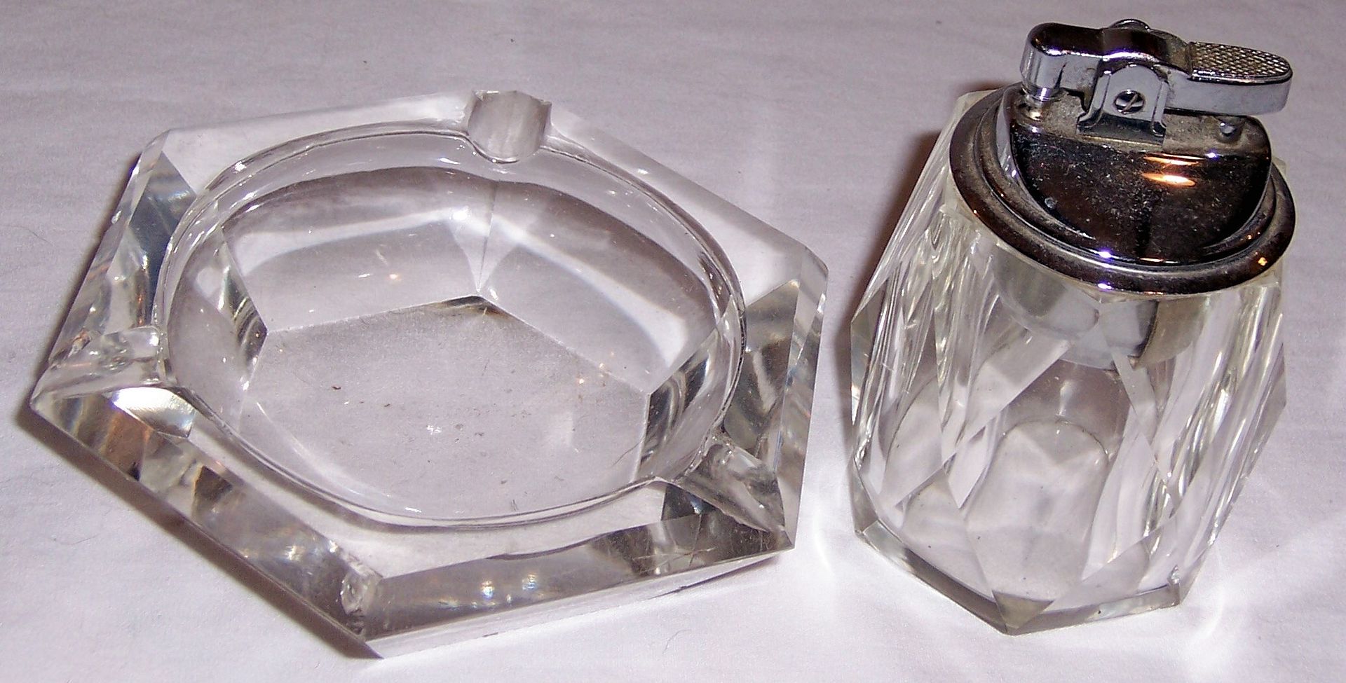 Vintage Chunky Crystal Cut Glass Table Top Lighter Ashtray Set Use Or Collect! eBay
