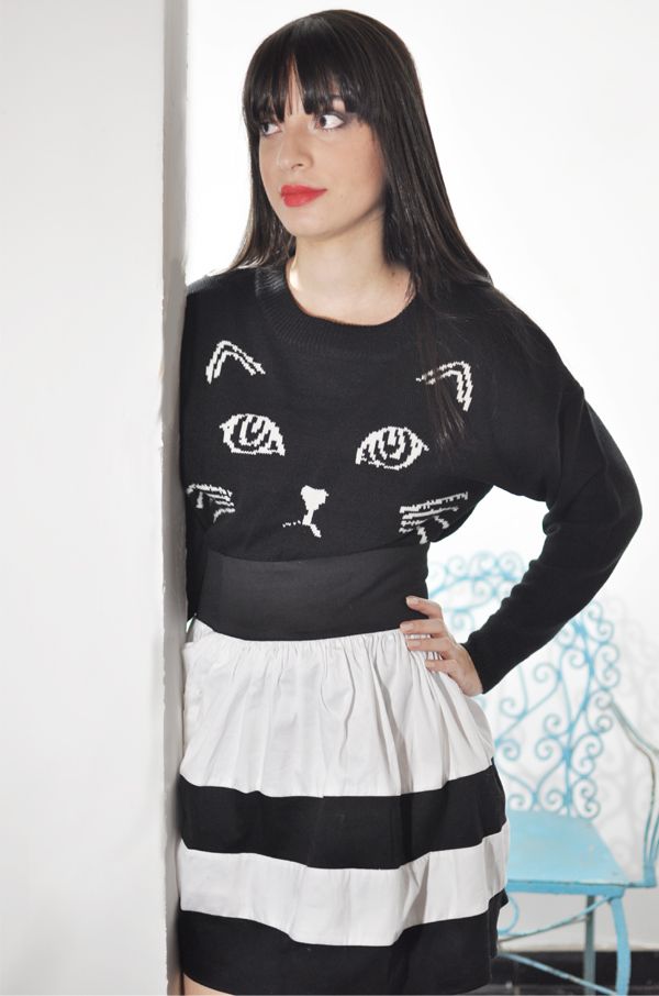 Black Embroidered Cat Round Neck Loose Sweater