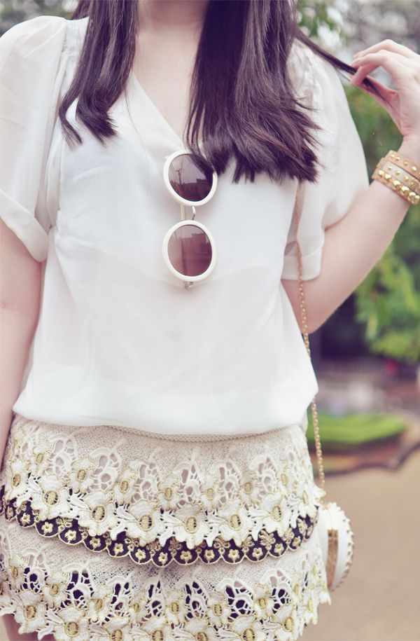 Black Layered Crochet Gold Silk Embroidery Shorts
